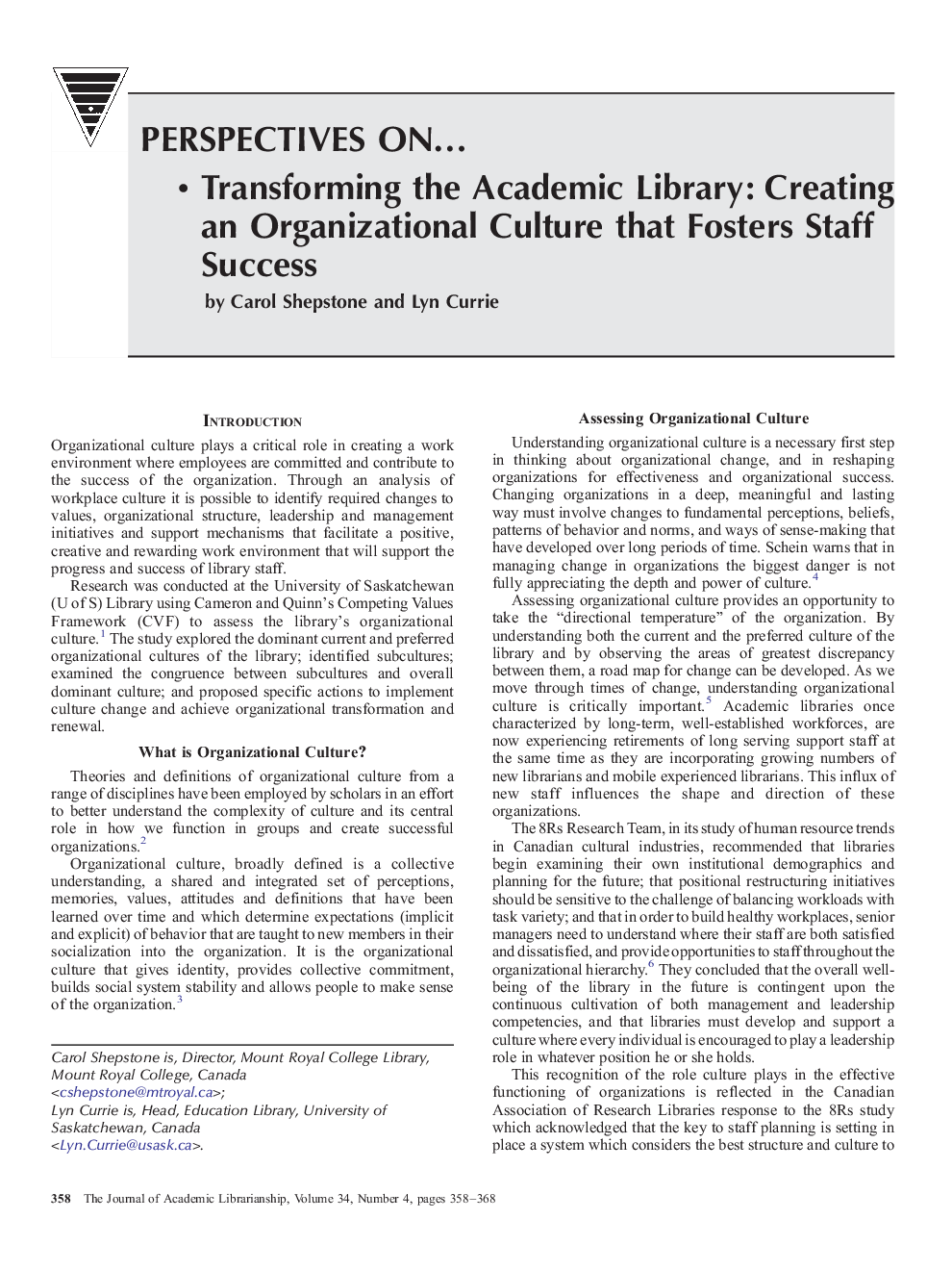 Transforming the Academic Library: Creating an Organizational Culture that Fosters Staff Success
