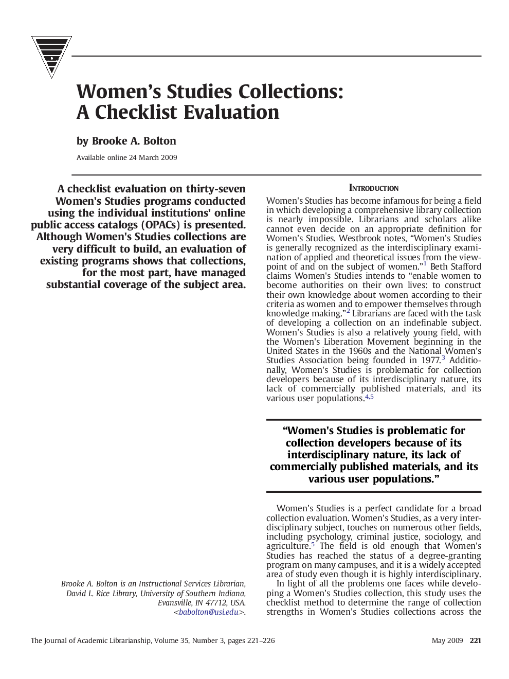Women’s Studies Collections: A Checklist Evaluation