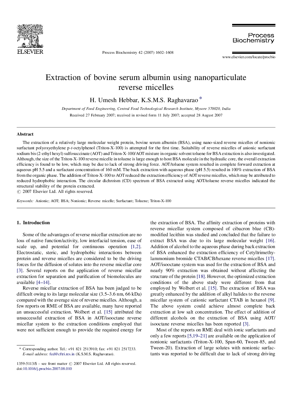 Extraction of bovine serum albumin using nanoparticulate reverse micelles