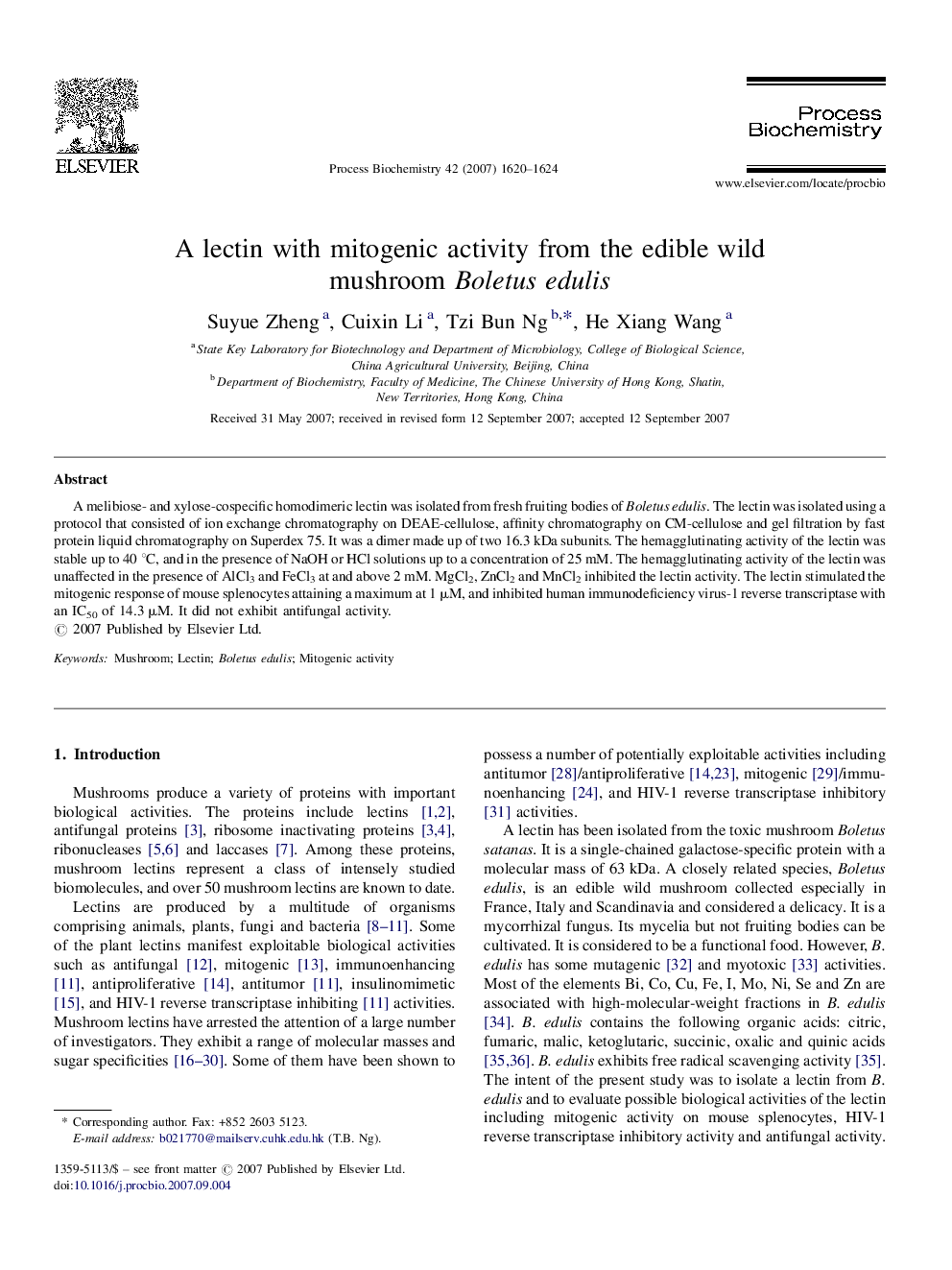 A lectin with mitogenic activity from the edible wild mushroom Boletus edulis