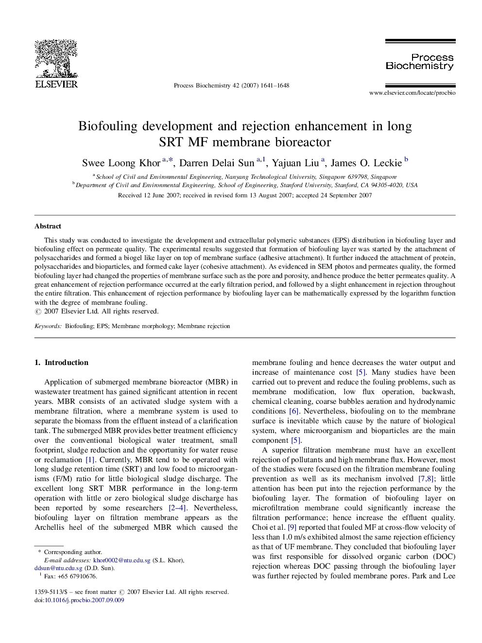 Biofouling development and rejection enhancement in long SRT MF membrane bioreactor