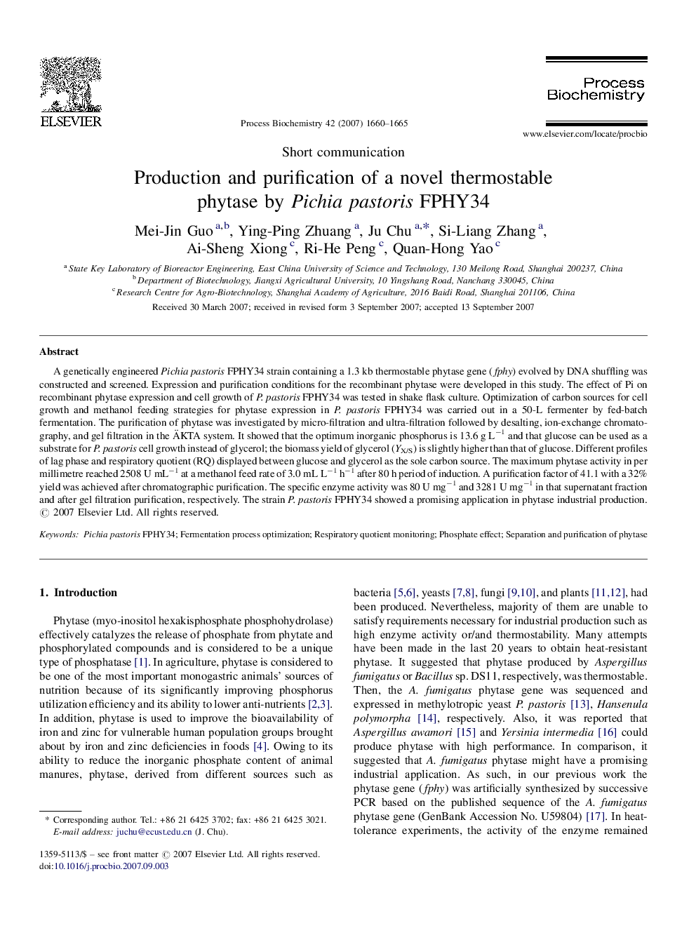 Production and purification of a novel thermostable phytase by Pichia pastoris FPHY34