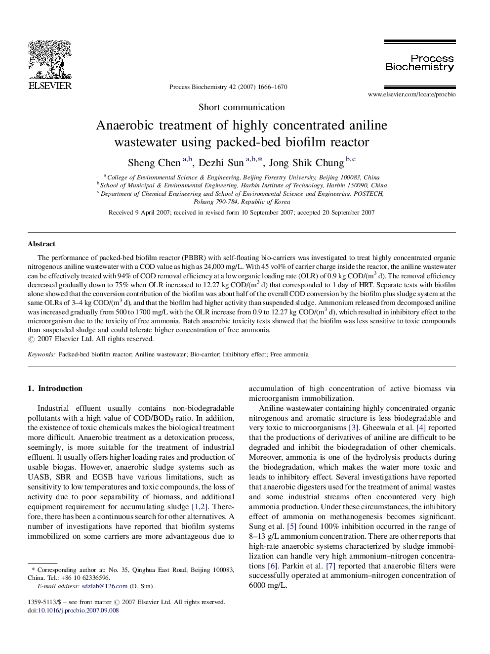 Anaerobic treatment of highly concentrated aniline wastewater using packed-bed biofilm reactor