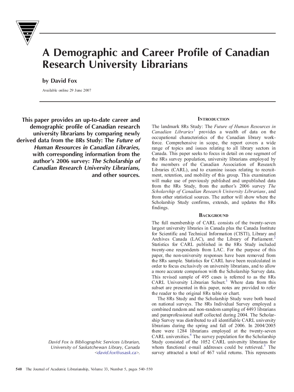 A Demographic and Career Profile of Canadian Research University Librarians