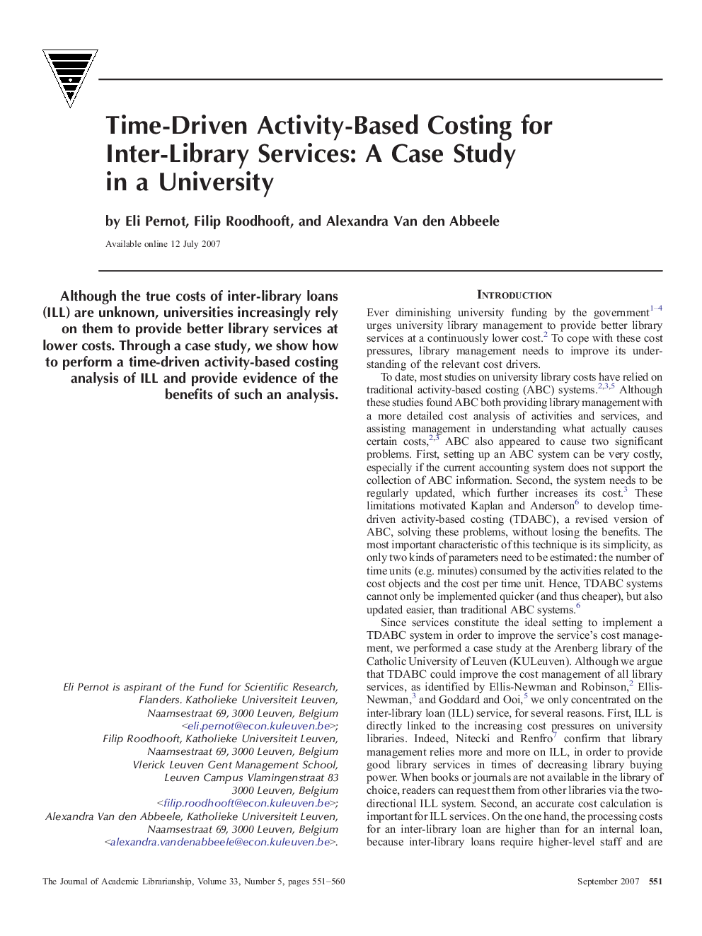 Time-Driven Activity-Based Costing for Inter-Library Services: A Case Study in a University