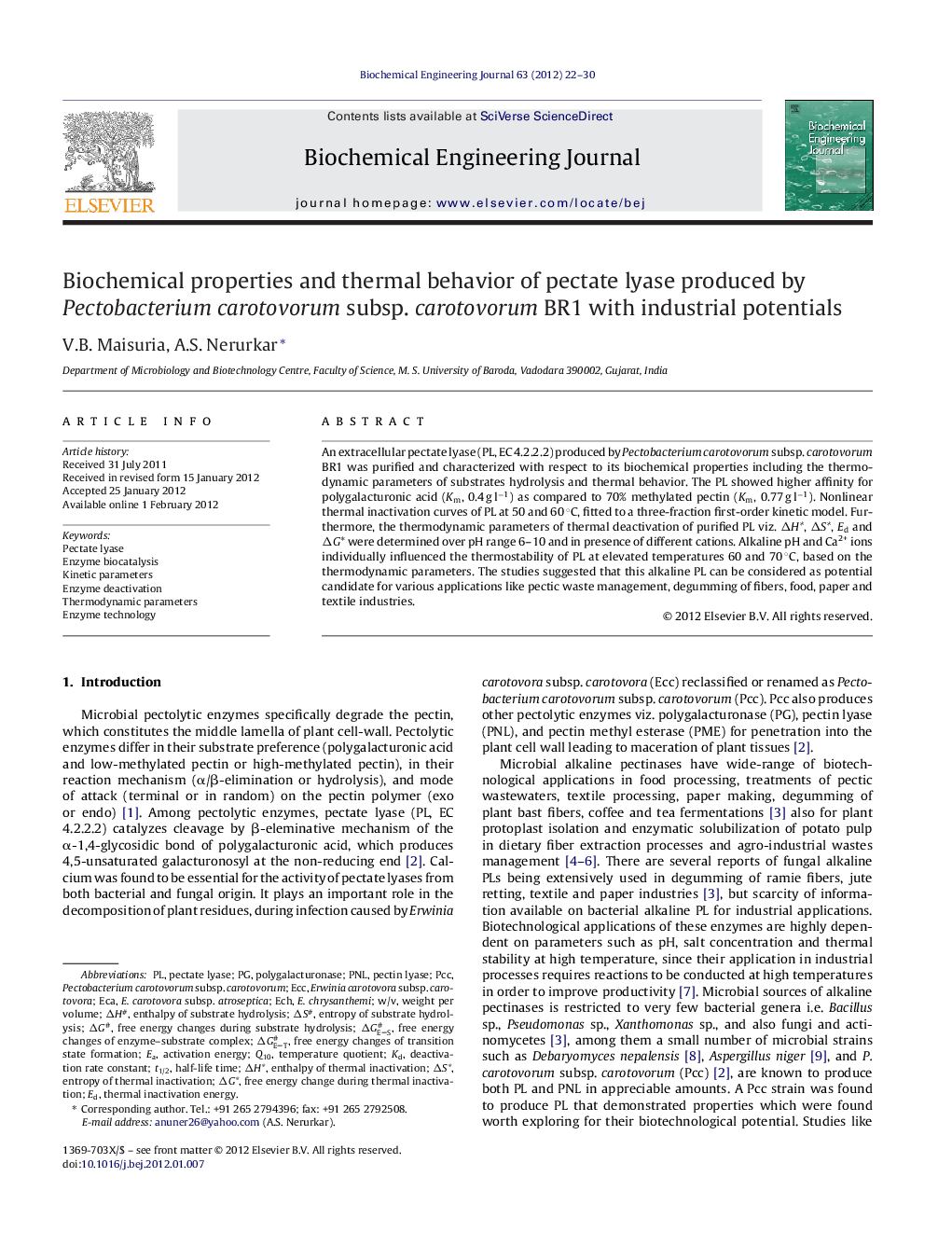 Biochemical properties and thermal behavior of pectate lyase produced by Pectobacterium carotovorum subsp. carotovorum BR1 with industrial potentials