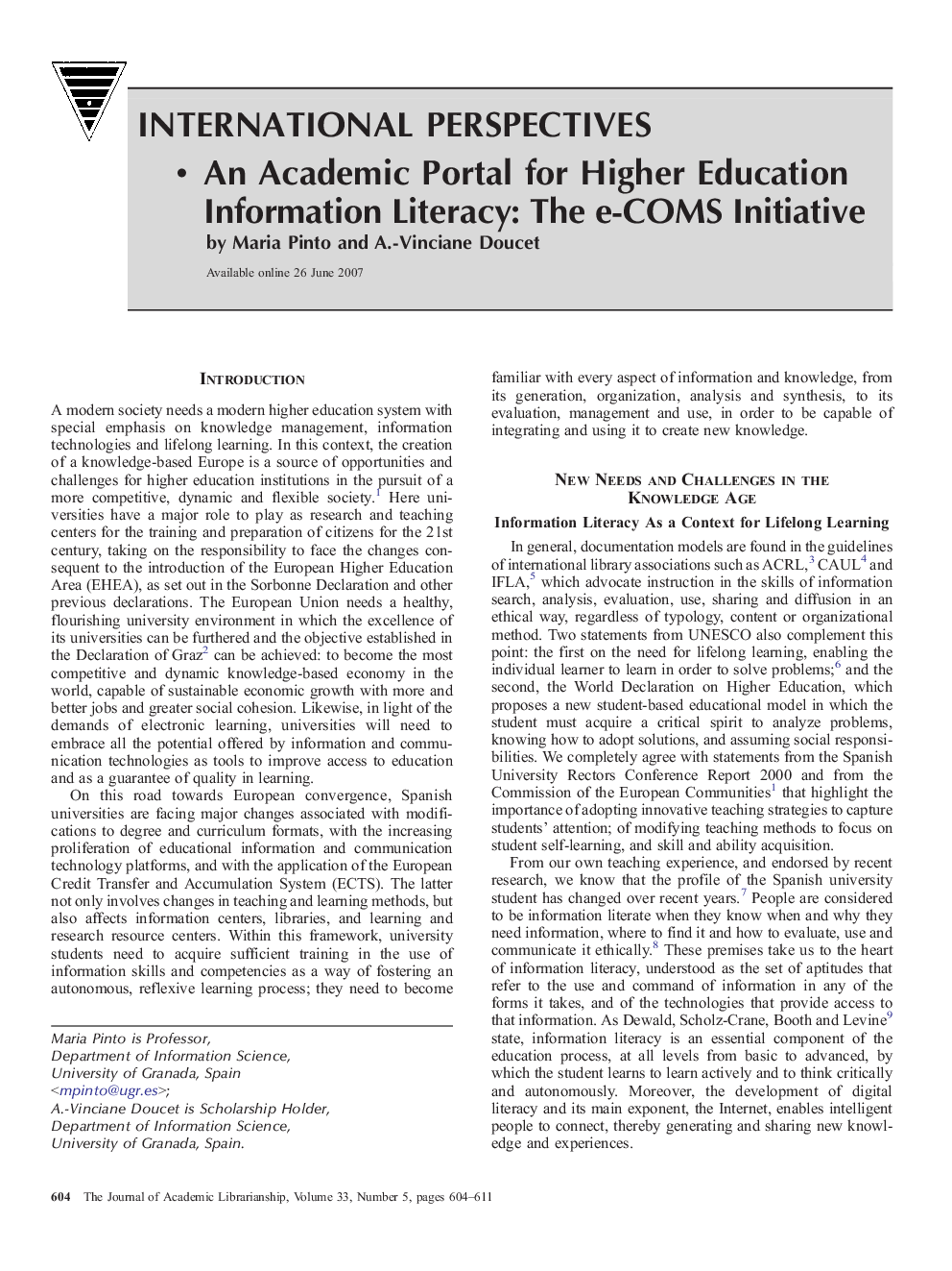 An Academic Portal for Higher Education Information Literacy: The e-COMS Initiative