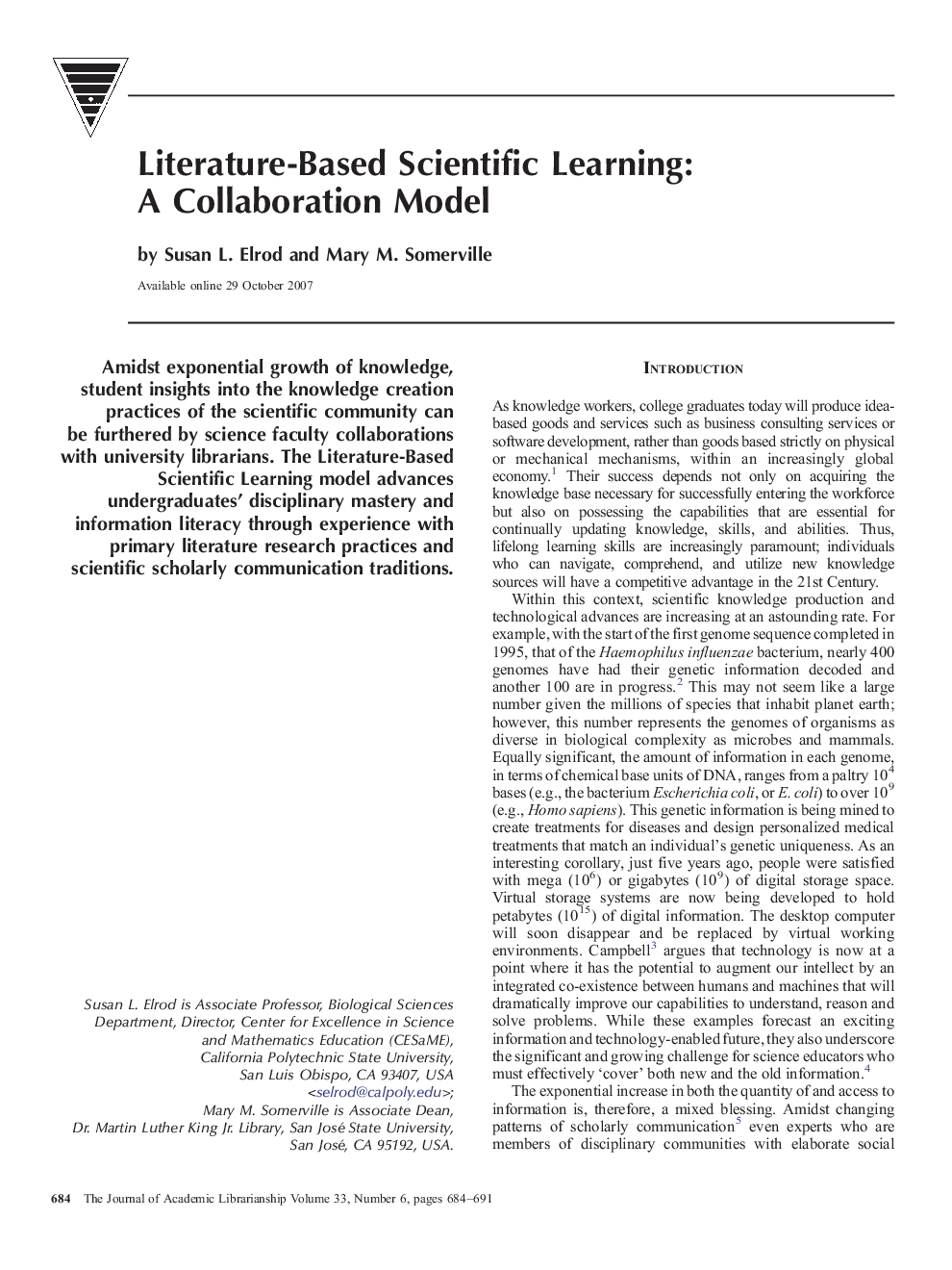 Literature-Based Scientific Learning: A Collaboration Model