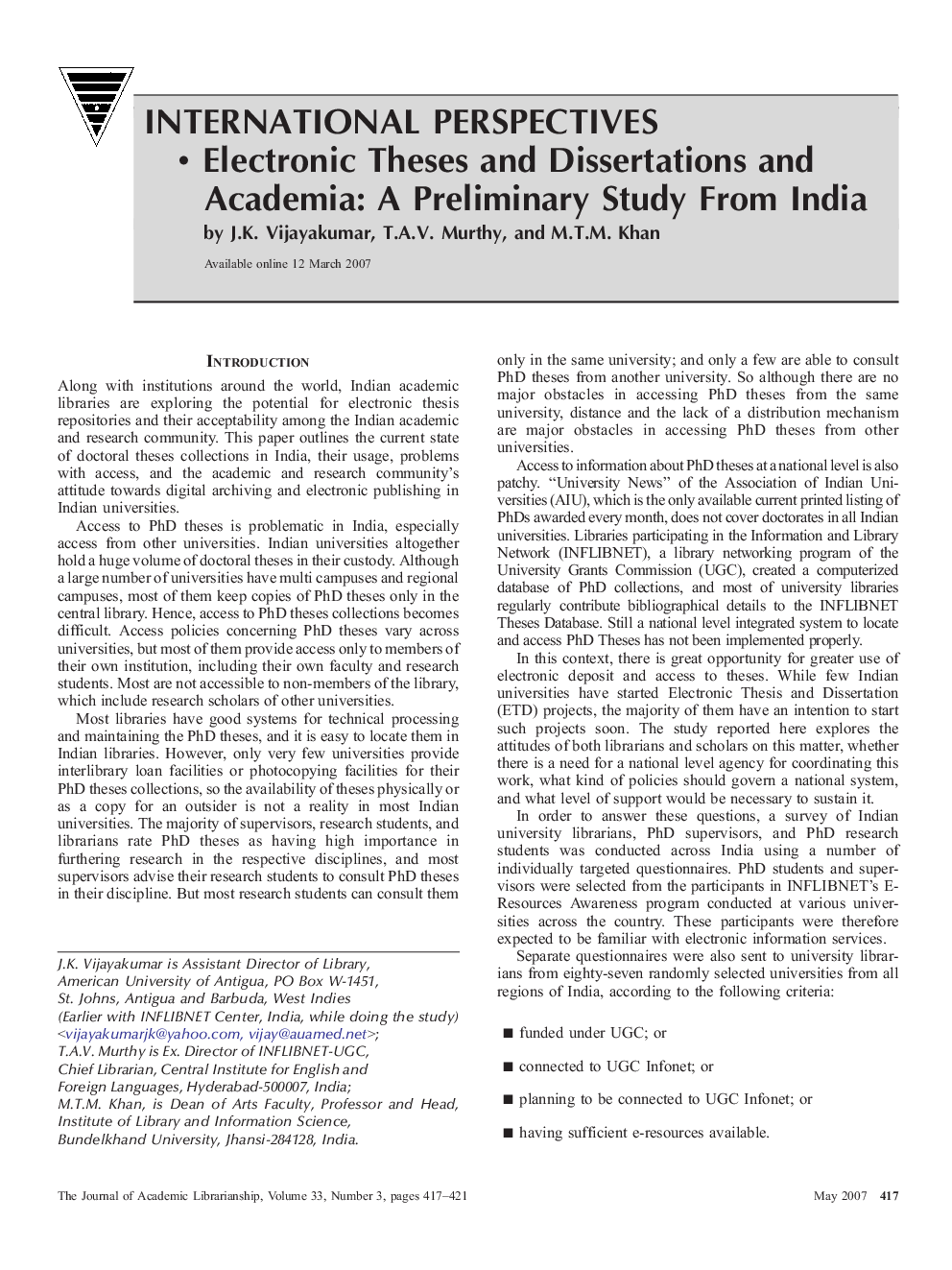 Electronic Theses and Dissertations and Academia: A Preliminary Study From India