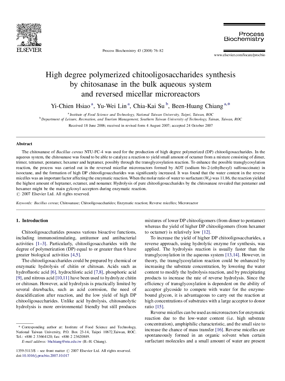 High degree polymerized chitooligosaccharides synthesis by chitosanase in the bulk aqueous system and reversed micellar microreactors