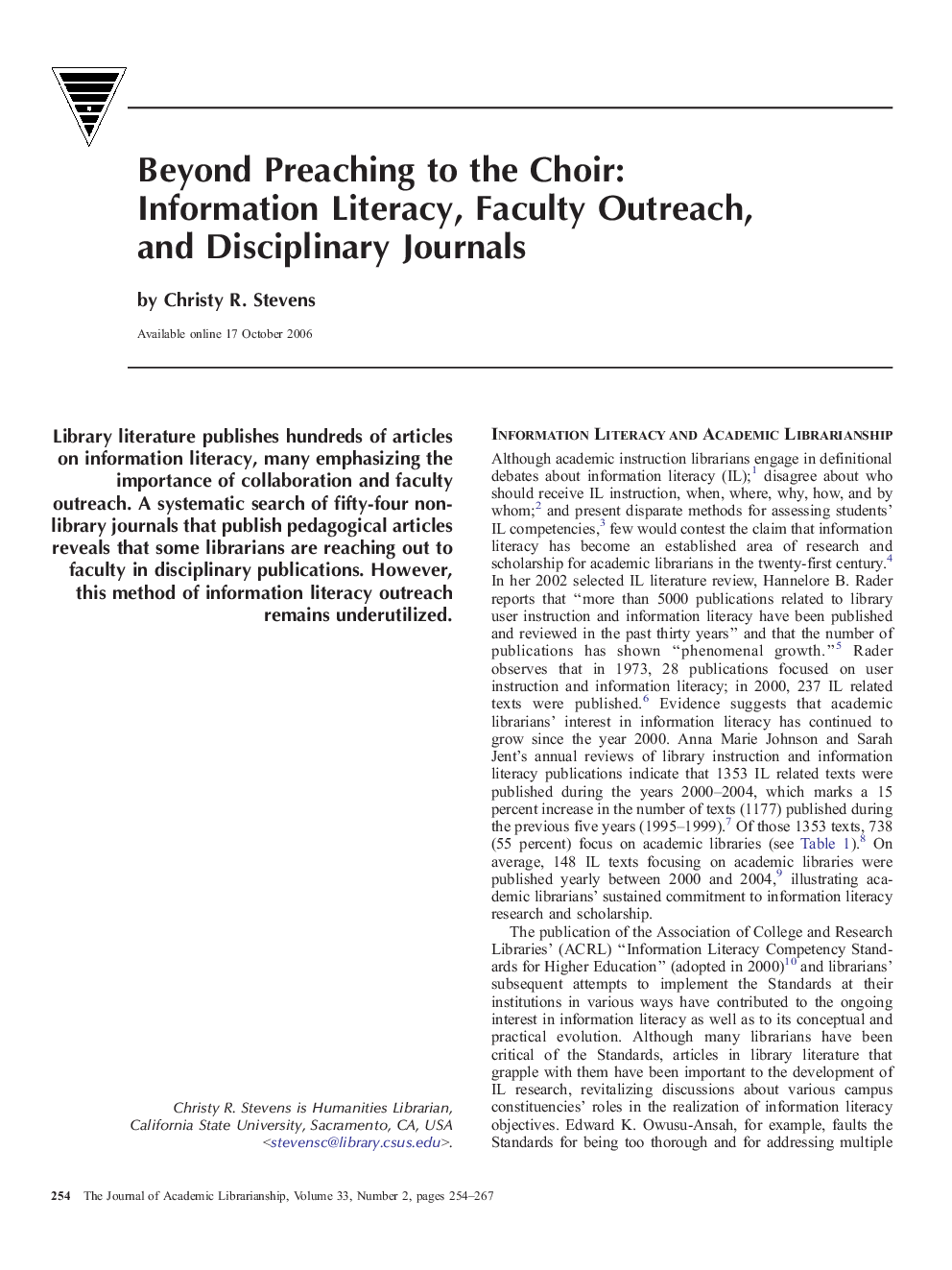 Beyond Preaching to the Choir: Information Literacy, Faculty Outreach, and Disciplinary Journals