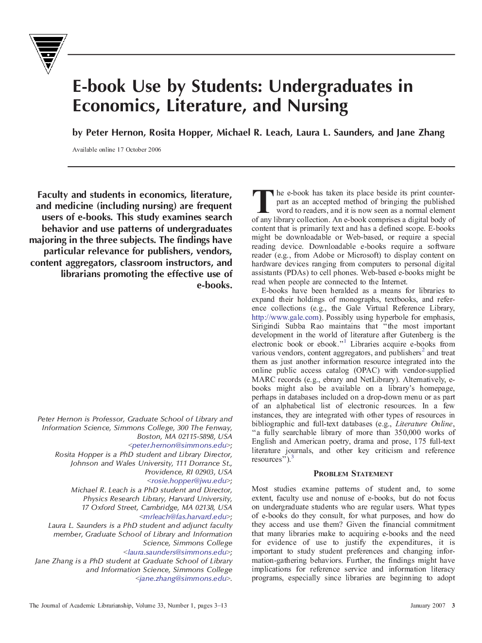 E-book Use by Students: Undergraduates in Economics, Literature, and Nursing