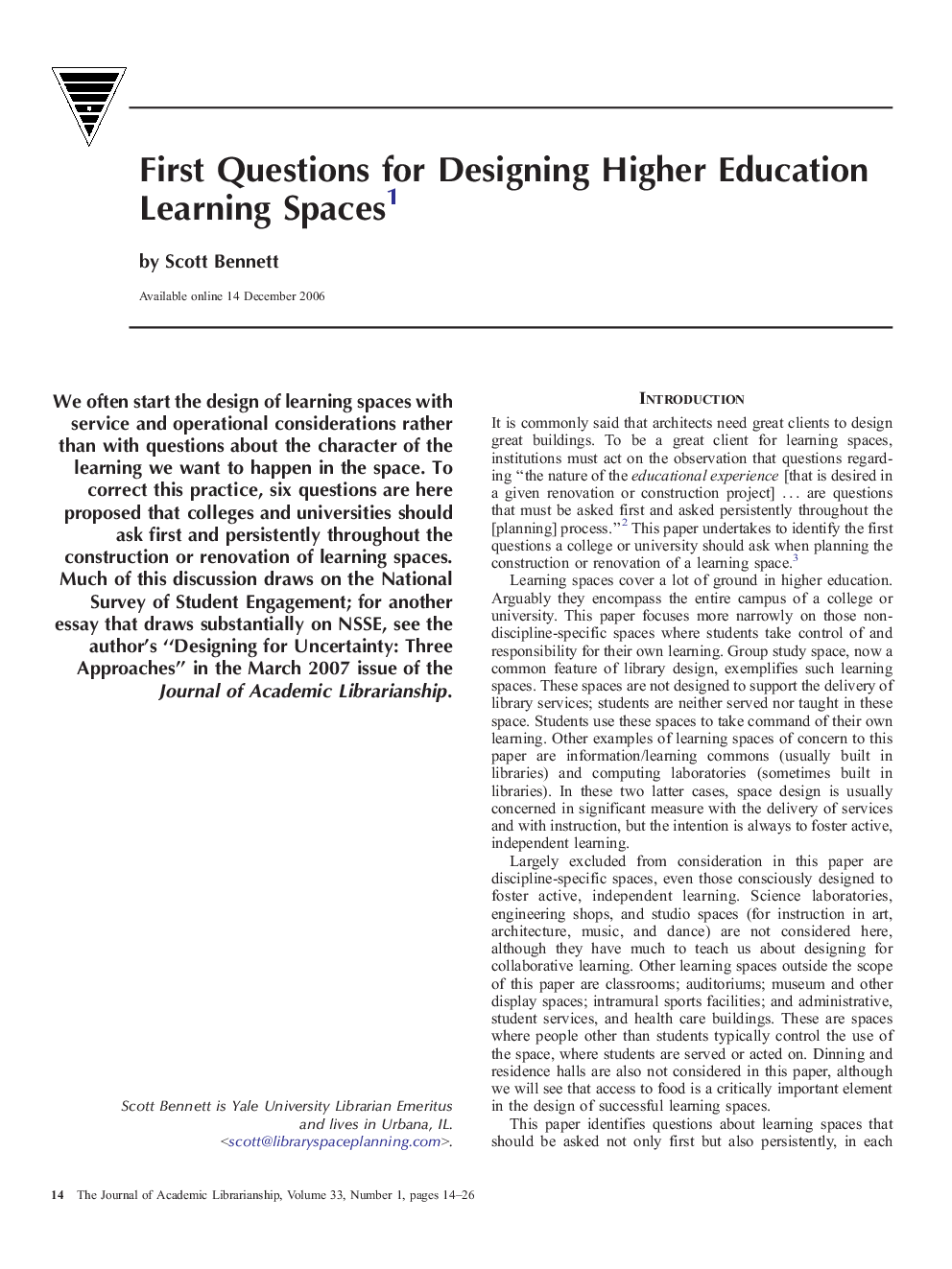 First Questions for Designing Higher Education Learning Spaces1