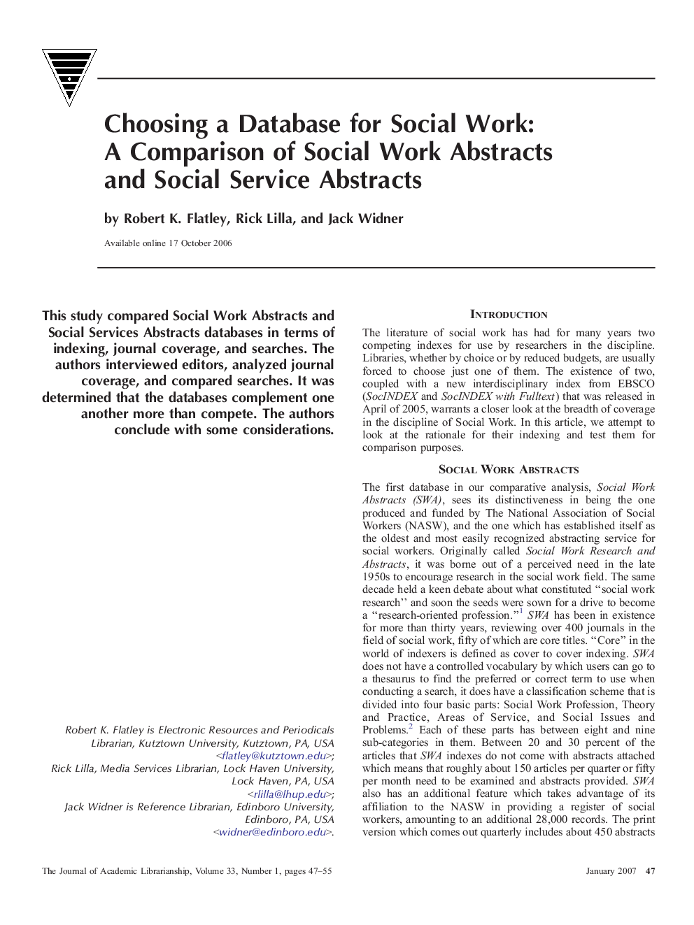 Choosing a Database for Social Work: A Comparison of Social Work Abstracts and Social Service Abstracts