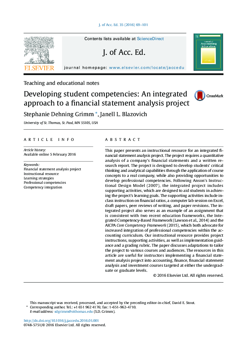 Developing student competencies: An integrated approach to a financial statement analysis project 