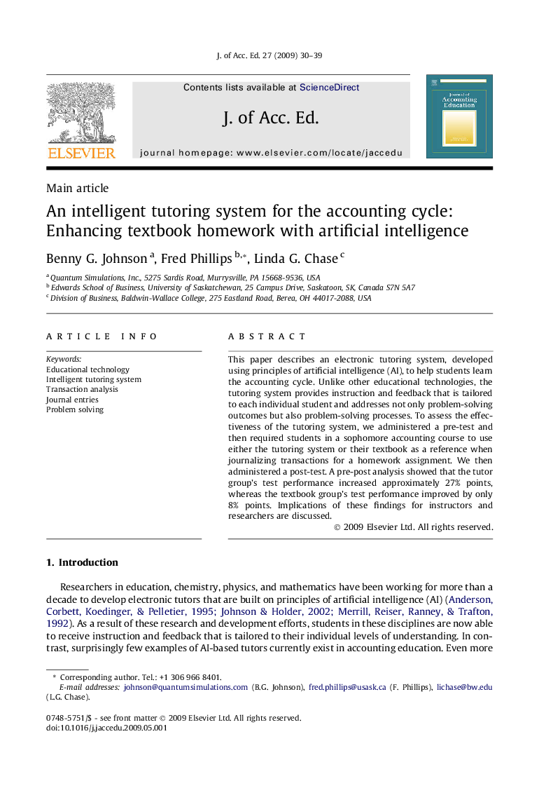 An intelligent tutoring system for the accounting cycle: Enhancing textbook homework with artificial intelligence