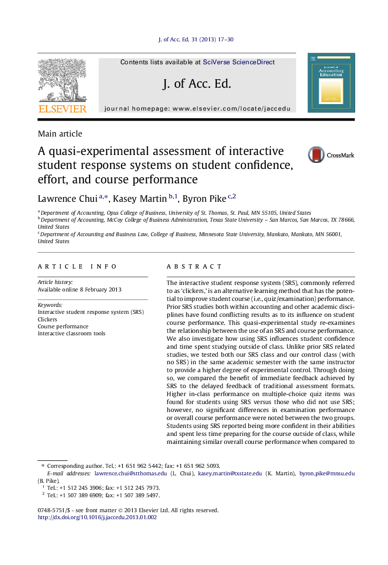 A quasi-experimental assessment of interactive student response systems on student confidence, effort, and course performance