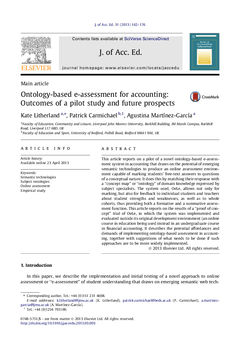 عکس صفحه اول مقاله: Ontology-based e-assessment for accounting: Outcomes of a pilot study and future prospects Ontology-based e-assessment for accounting: Outcomes of a pilot study and future prospects