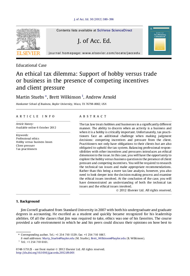 An ethical tax dilemma: Support of hobby versus trade or business in the presence of competing incentives and client pressure