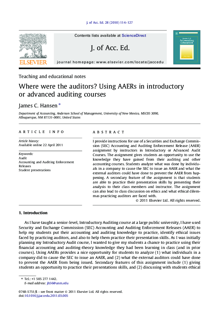 Where were the auditors? Using AAERs in introductory or advanced auditing courses