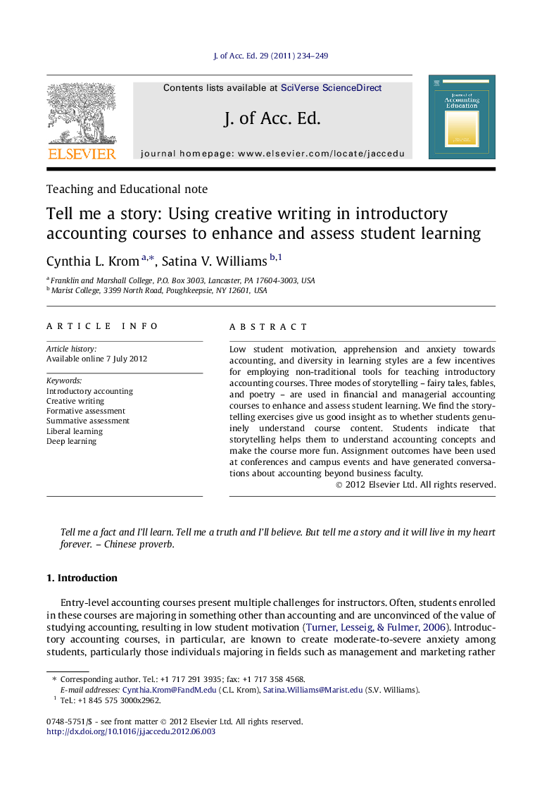 Tell me a story: Using creative writing in introductory accounting courses to enhance and assess student learning