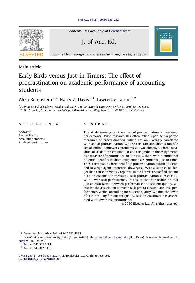 Early Birds versus Just-in-Timers: The effect of procrastination on academic performance of accounting students