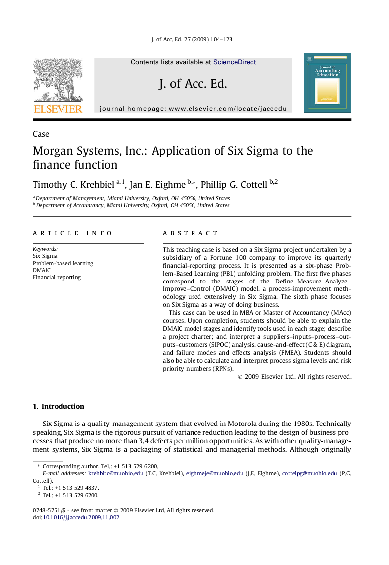 Morgan Systems, Inc.: Application of Six Sigma to the finance function