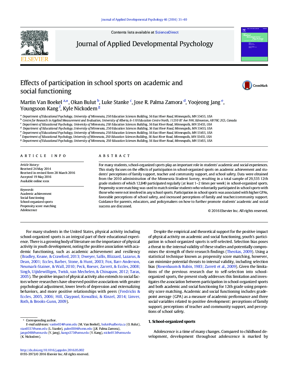 Effects of participation in school sports on academic and social functioning