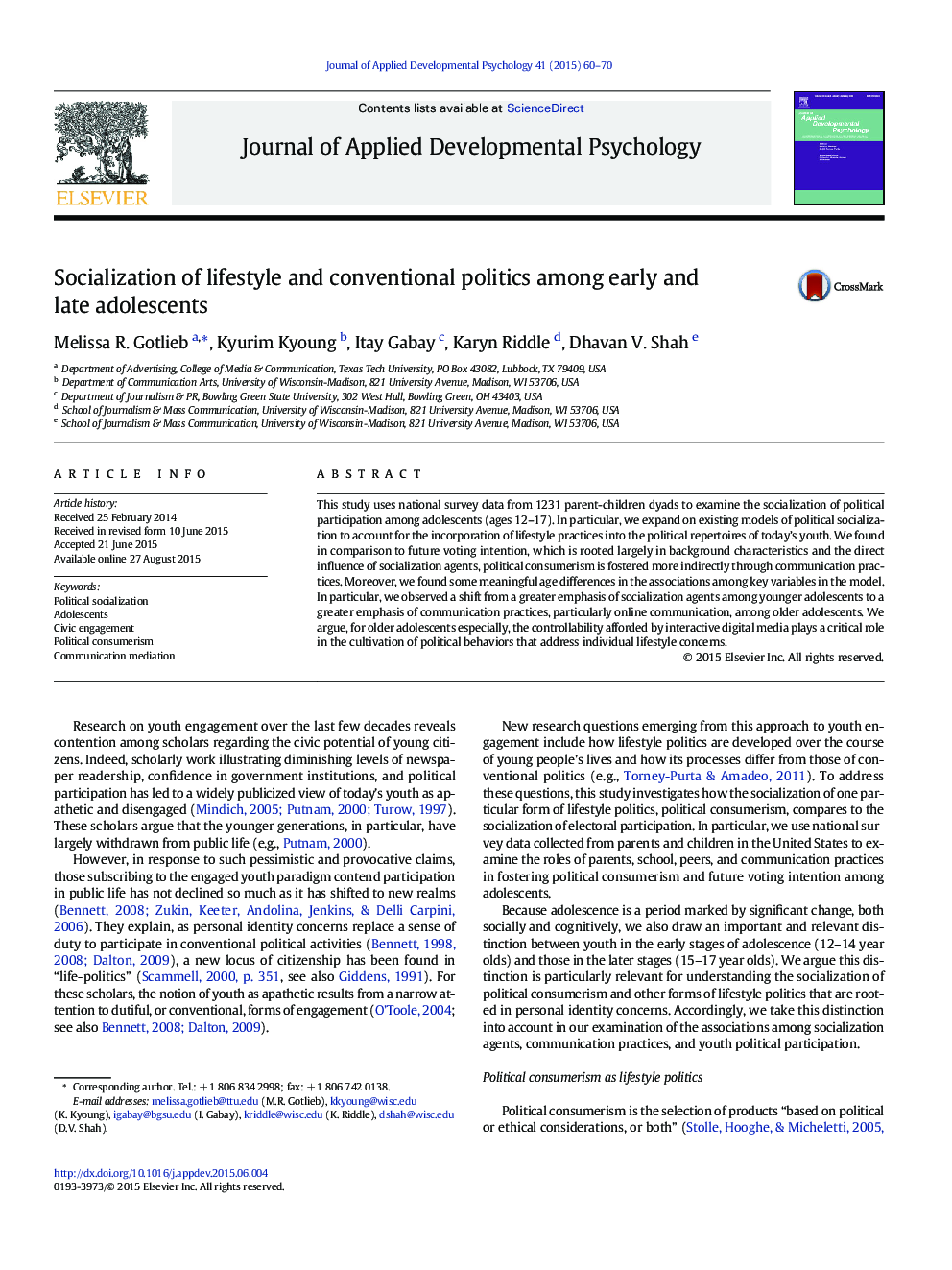 Socialization of lifestyle and conventional politics among early and late adolescents