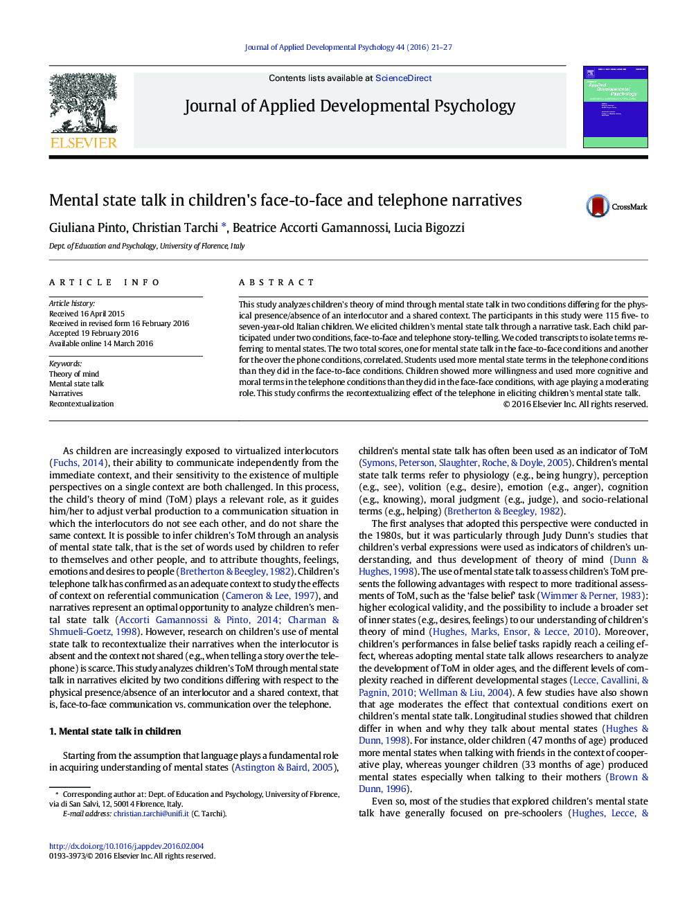 Mental state talk in children's face-to-face and telephone narratives