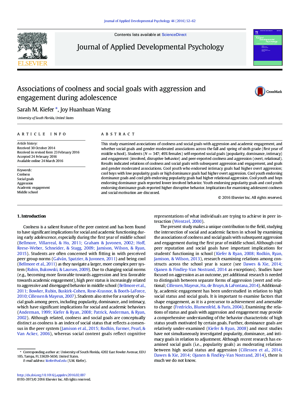 Associations of coolness and social goals with aggression and engagement during adolescence