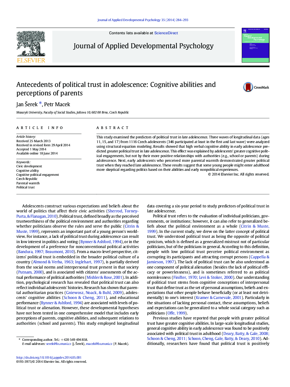 Antecedents of political trust in adolescence: Cognitive abilities and perceptions of parents