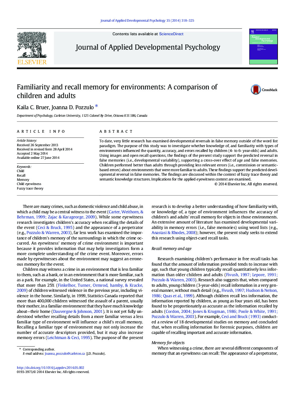 Familiarity and recall memory for environments: A comparison of children and adults