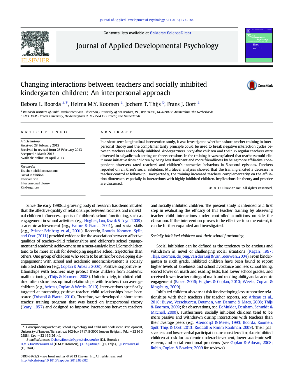 Changing interactions between teachers and socially inhibited kindergarten children: An interpersonal approach