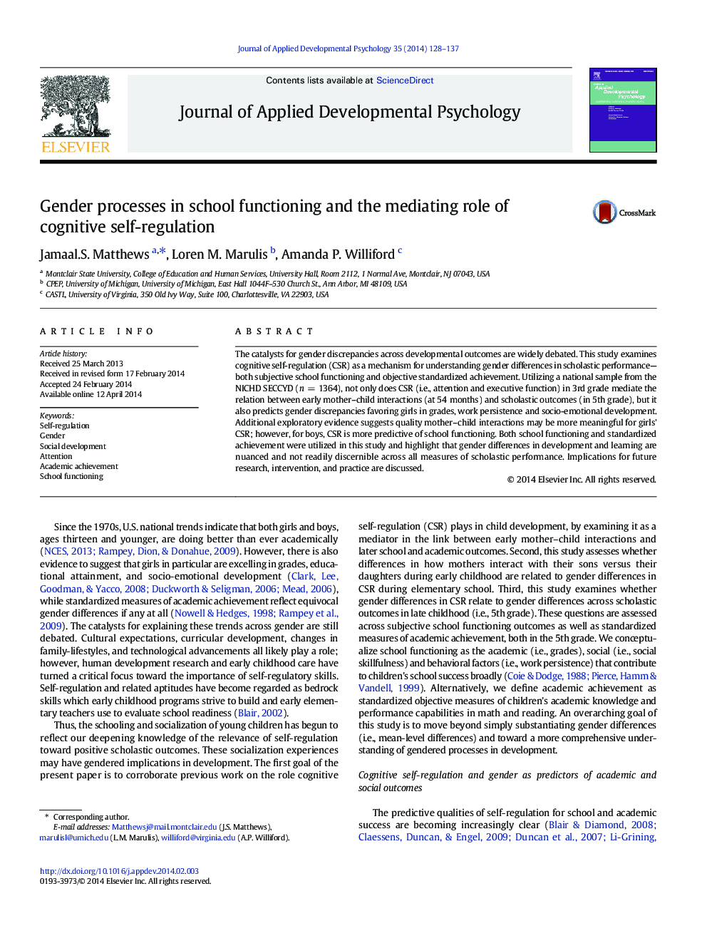 Gender processes in school functioning and the mediating role of cognitive self-regulation