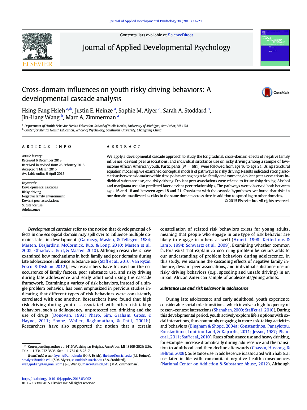 Cross-domain influences on youth risky driving behaviors: A developmental cascade analysis