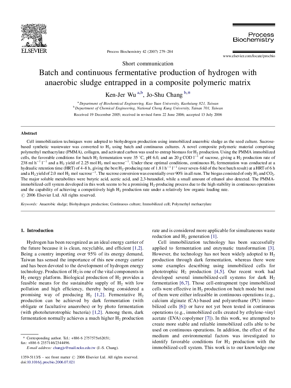 عکس صفحه اول مقاله: Batch and continuous fermentative production of hydrogen with anaerobic sludge entrapped in a composite polymeric matrix Batch and continuous fermentative production of hydrogen with anaerobic sludge entrapped in a composite polymeric matrix