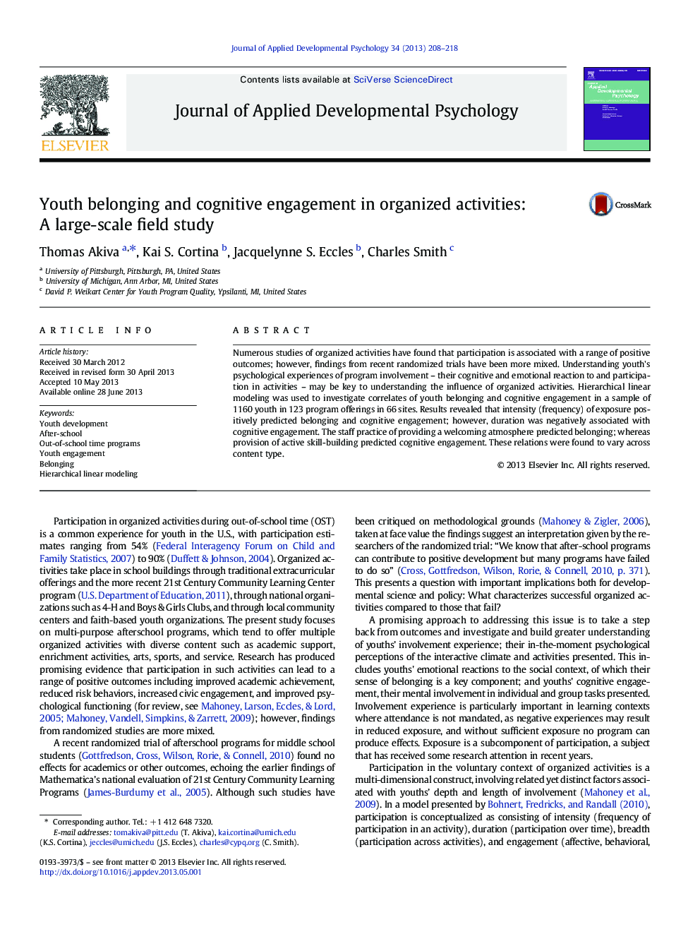 Youth belonging and cognitive engagement in organized activities: A large-scale field study