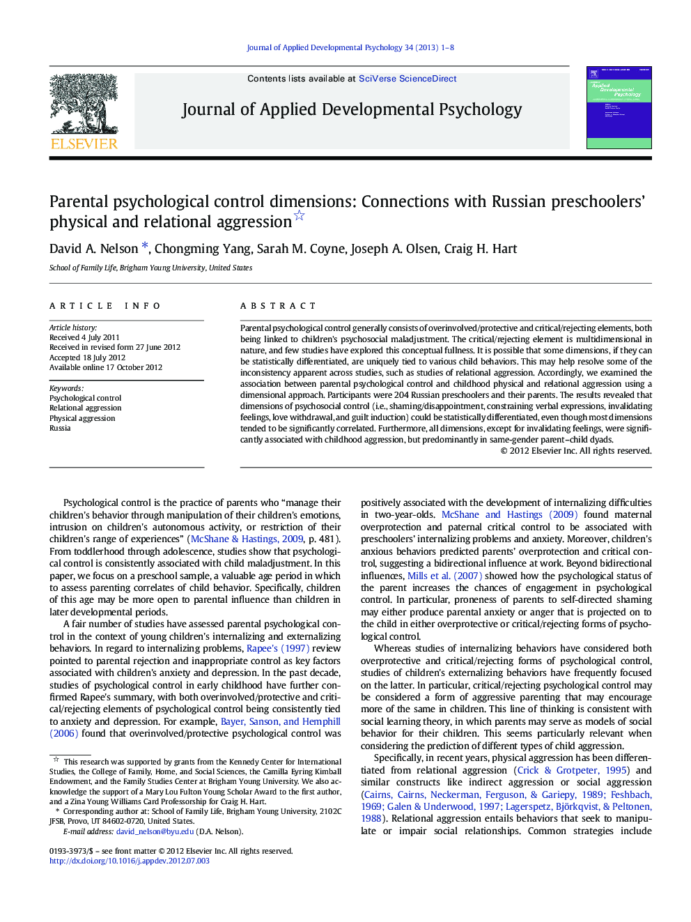 عکس صفحه اول مقاله: Parental psychological control dimensions: Connections with Russian preschoolers’ physical and relational aggression Parental psychological control dimensions: Connections with Russian preschoolers’ physical and relational aggression
