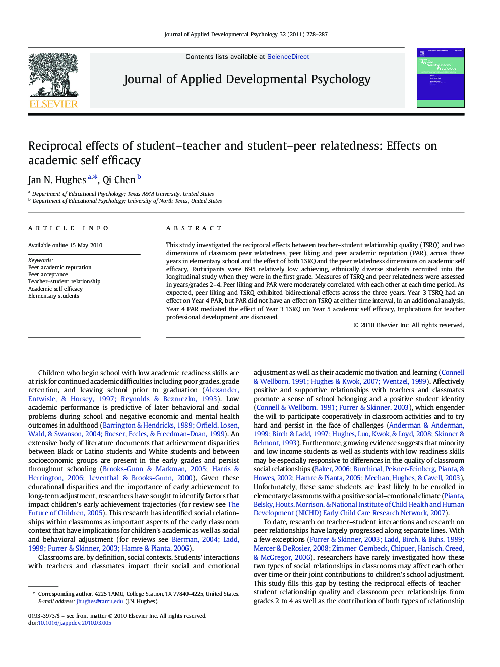 Reciprocal effects of student–teacher and student–peer relatedness: Effects on academic self efficacy