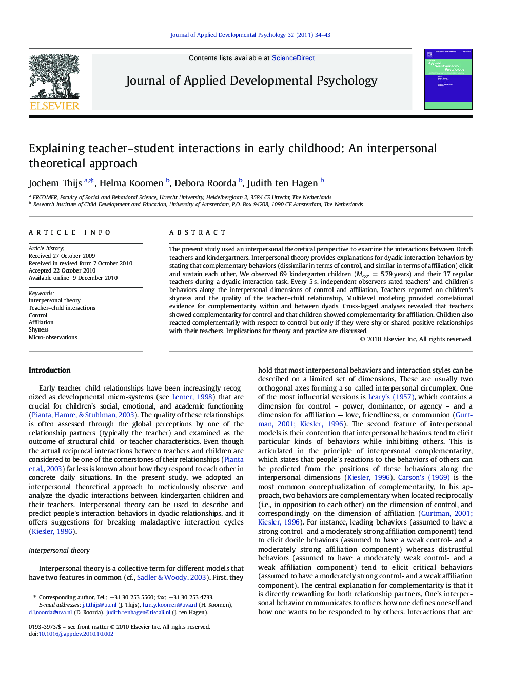 Explaining teacher–student interactions in early childhood: An interpersonal theoretical approach