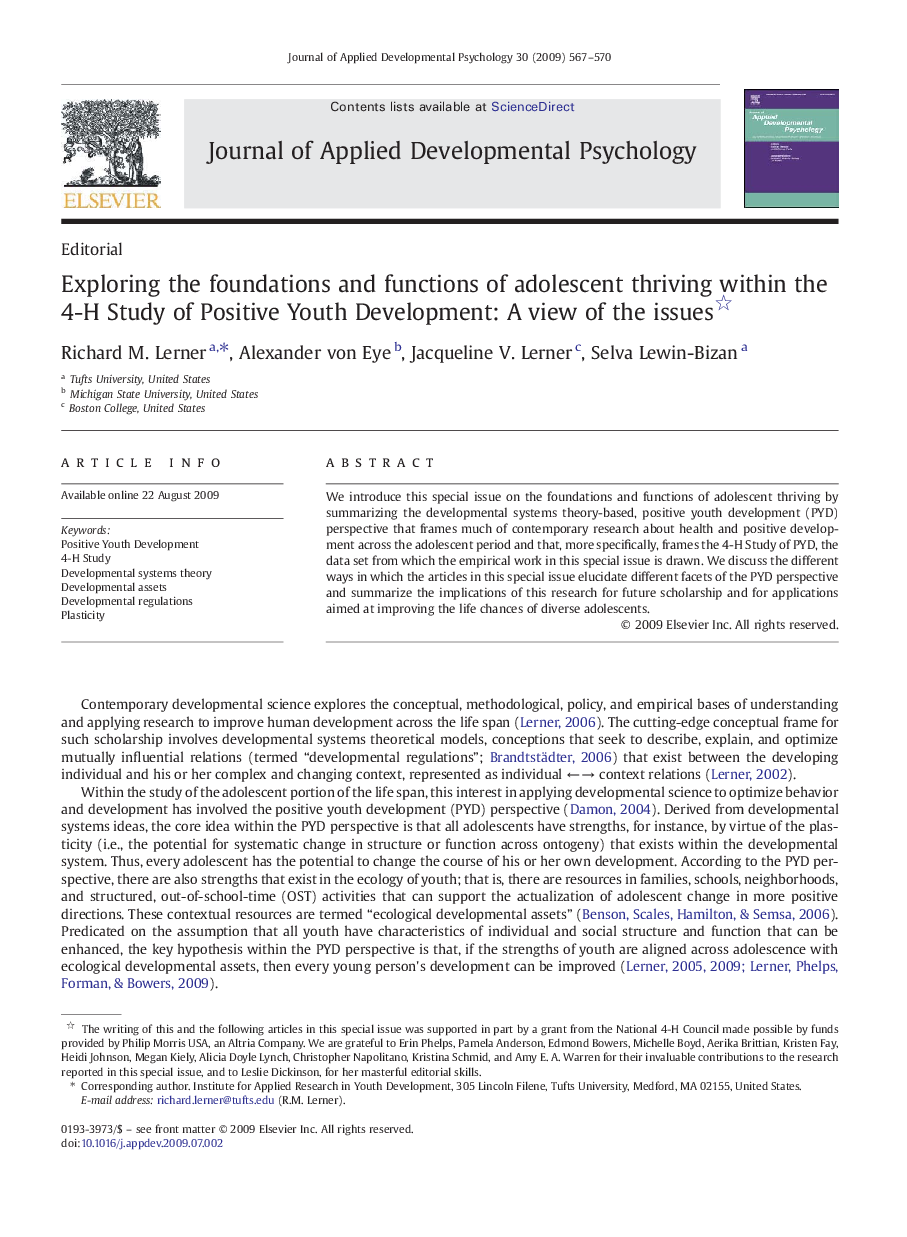 Exploring the foundations and functions of adolescent thriving within the 4-H Study of Positive Youth Development: A view of the issues 