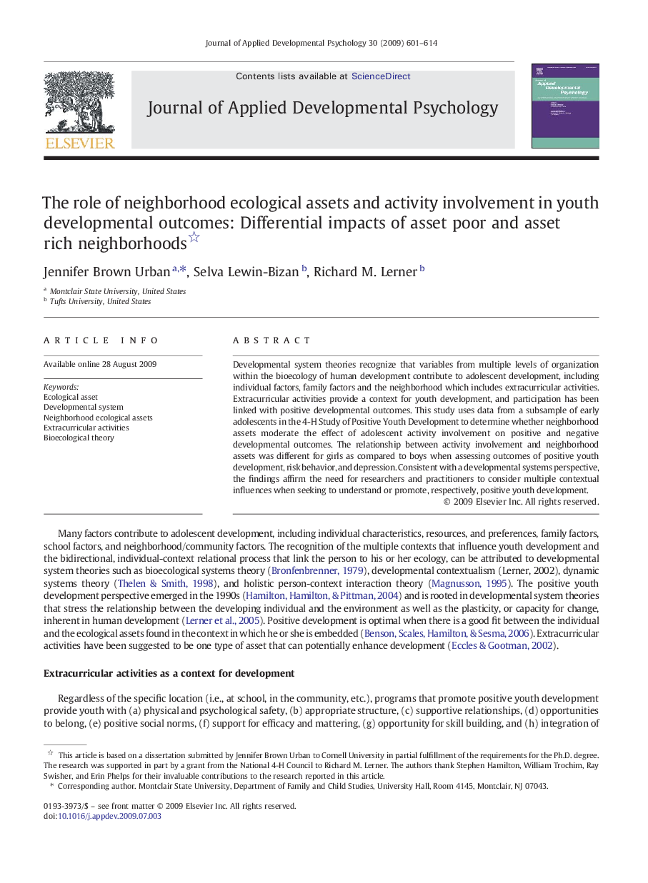 The role of neighborhood ecological assets and activity involvement in youth developmental outcomes: Differential impacts of asset poor and asset rich neighborhoods 