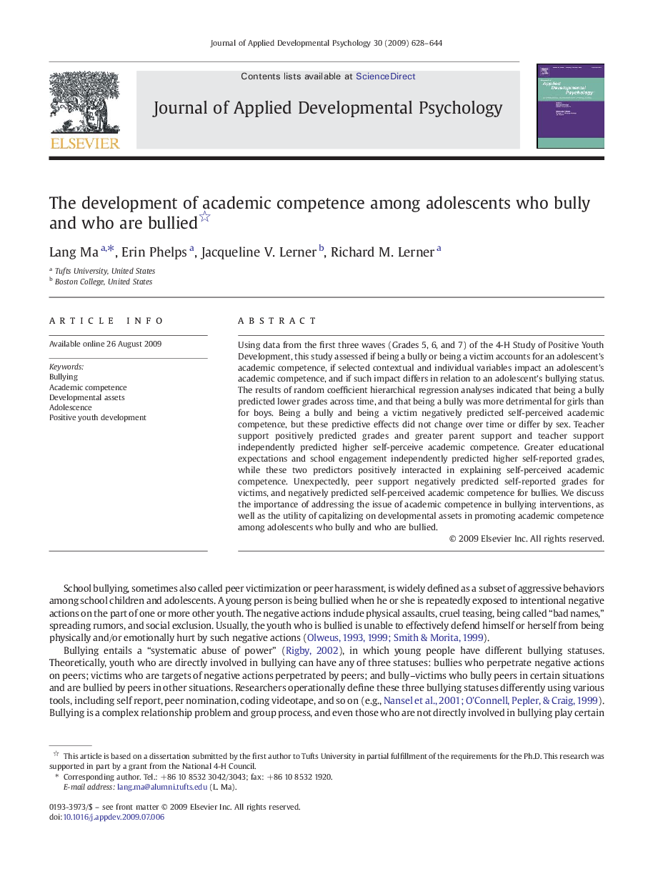 The development of academic competence among adolescents who bully and who are bullied 