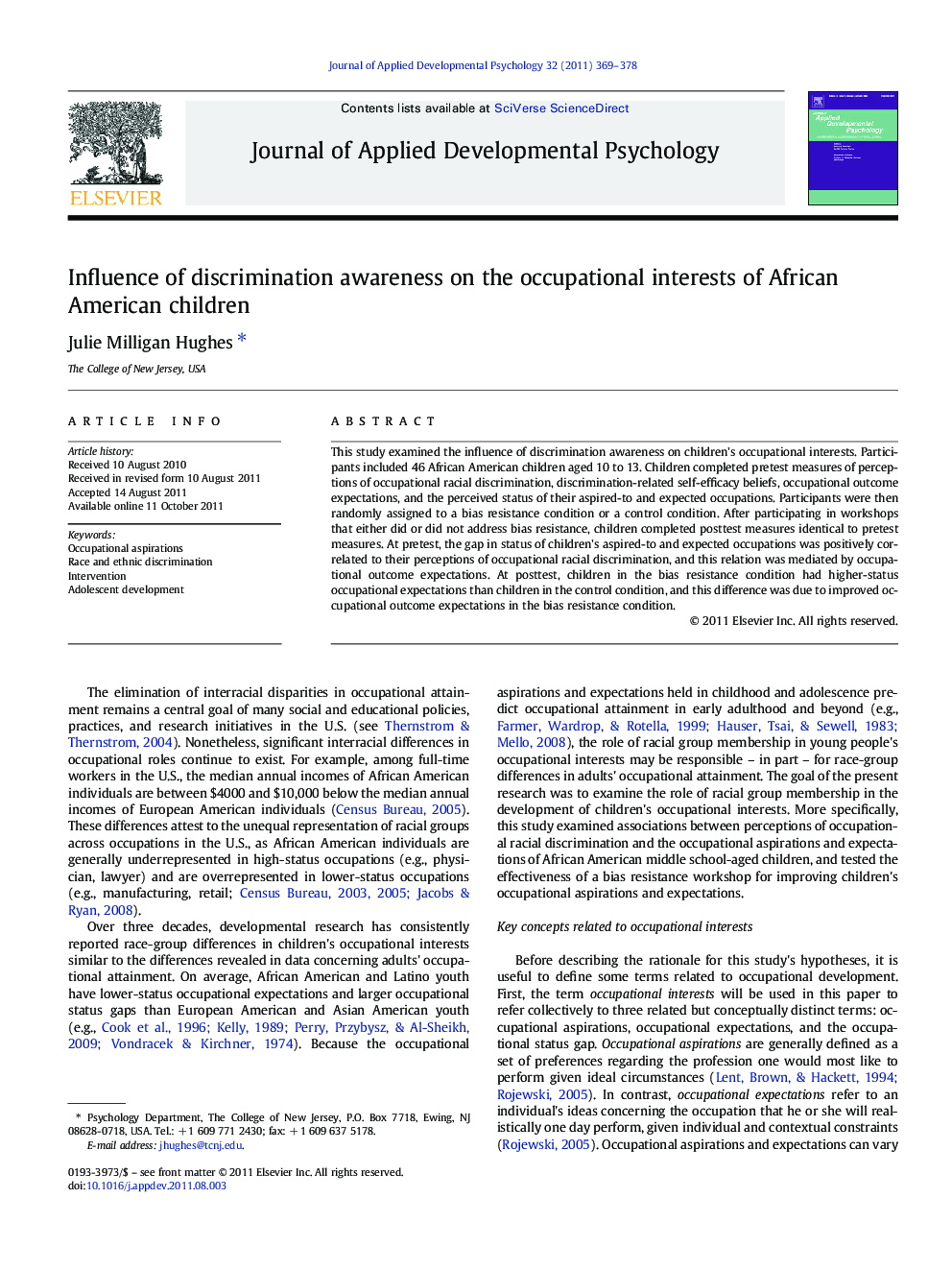 Influence of discrimination awareness on the occupational interests of African American children