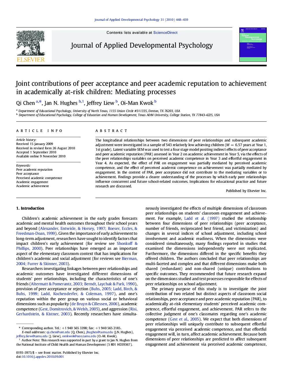 Joint contributions of peer acceptance and peer academic reputation to achievement in academically at-risk children: Mediating processes