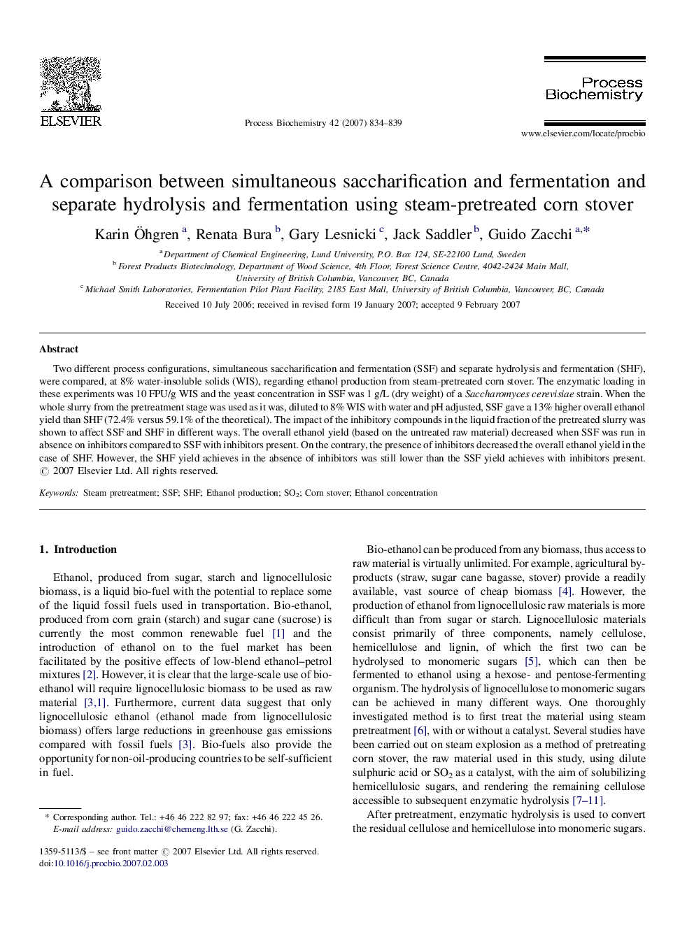 A comparison between simultaneous saccharification and fermentation and separate hydrolysis and fermentation using steam-pretreated corn stover