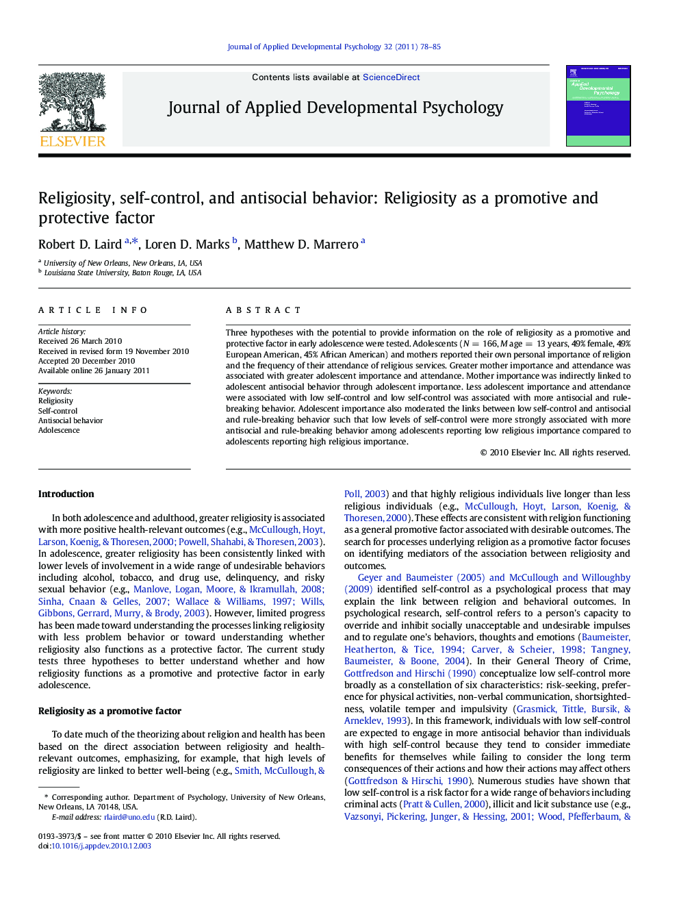 Religiosity, self-control, and antisocial behavior: Religiosity as a promotive and protective factor