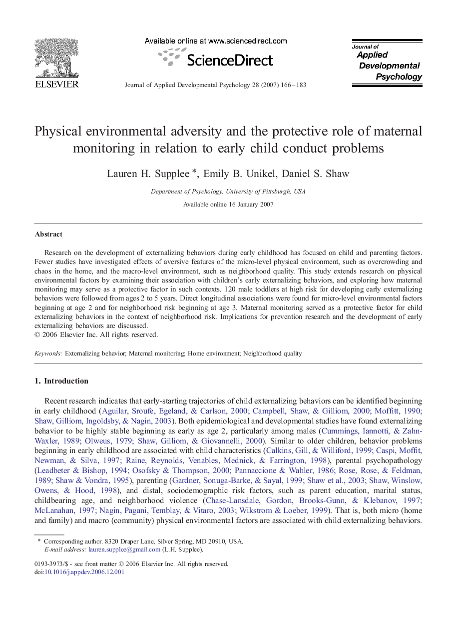 Physical environmental adversity and the protective role of maternal monitoring in relation to early child conduct problems