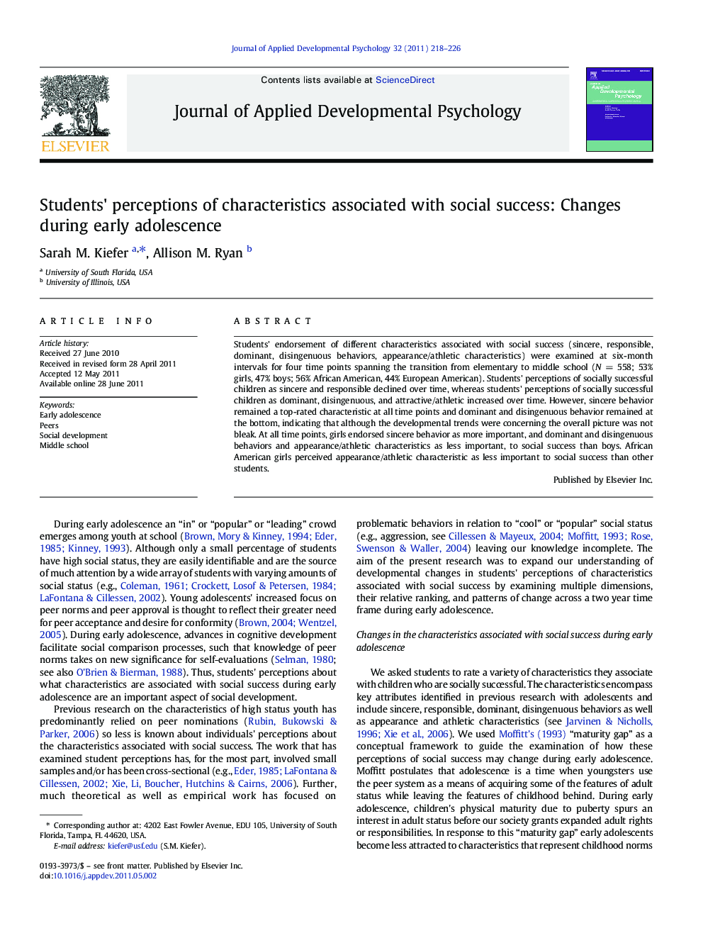 Students' perceptions of characteristics associated with social success: Changes during early adolescence